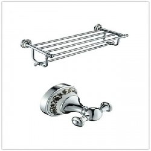 Etagère avec porte-serviette et patère en alliage de zinc, laiton et céramique