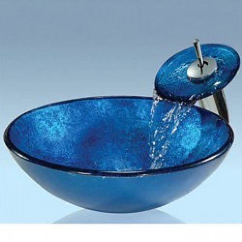 Evier avec robinet cascade en verre trempé bleu foncé