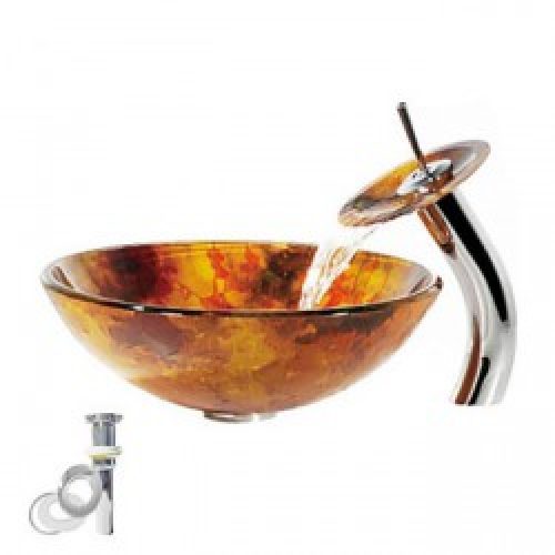 Evier avec robinet cascade en verre trempé jaune et marron