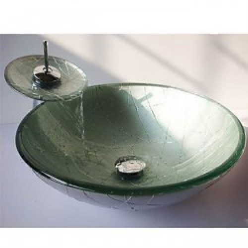 Evier avec robinet cascade en verre trempé rond argent