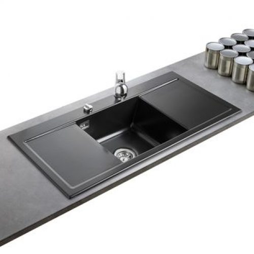 Evier céramique noir mat Systemceram CLEYA 1 grand bac 2 égouttoirs