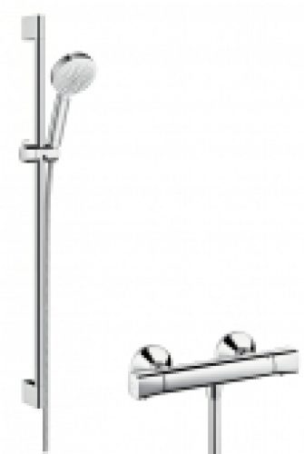 hansgrohe Crometta 100 – Mitigeur thermostatique de douche avec douchette à main Croma 100 1jet chrome / blanc