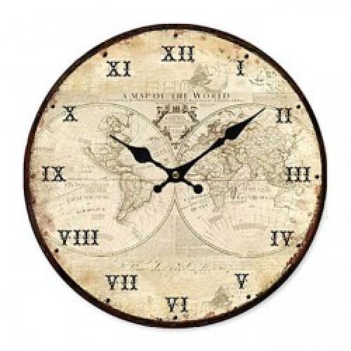 Horloge murale de style rustique à motif carte du monde en bois 35 x 35 x 2.5 cm