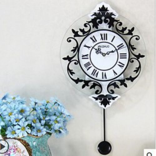 Horloge murale à pendule de style rétro en verre et bois