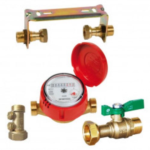 Kit compteur eau chaude : robinet compteur + clapet antipollution + support