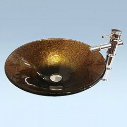 Lavabo avec robinet cascade en verre trempé marron doré