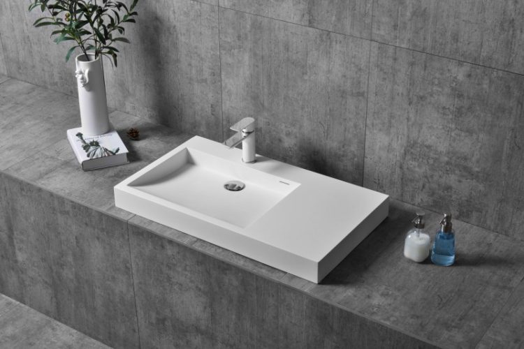 Lavabo mural / vasque à poser TWG11 en fonte minérale (pure acrylic) – blanc mat – 81 x 45,5 x 10 cm