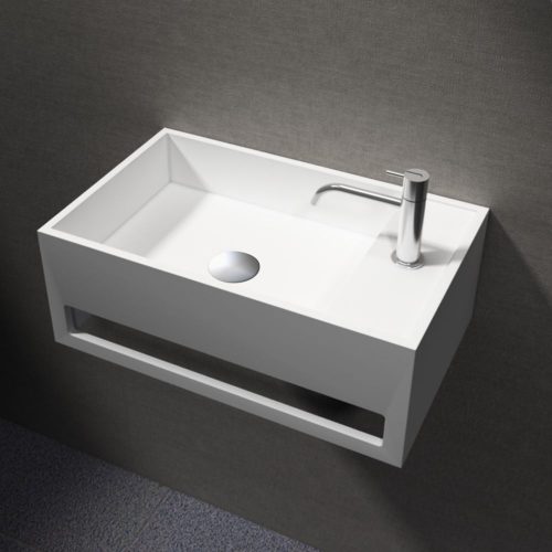 Lavabo suspendu avec porte-serviettes intégré PB2077 en pierre solide – 50 x 30 x 20 cm -blanc mat