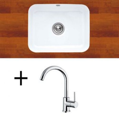 Lot Evier céramique blanc 1 bac 55X44cm  CISTERNA + Mitigeur CRBMI209