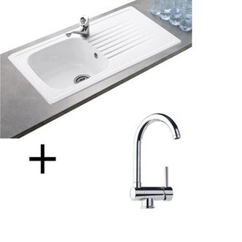 Lot Evier céramique blanc 1 bac TARGA + Mitigeur CRBMI024