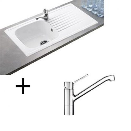 Lot Evier céramique blanc 1 bac TARGA + Mitigeur HANSA CRBMI142