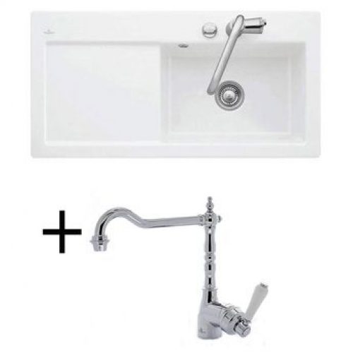 Lot Evier céramique blanc 1 grand bac égouttoir gauche SUBWAY PURE + Mitigeur CRBMI040