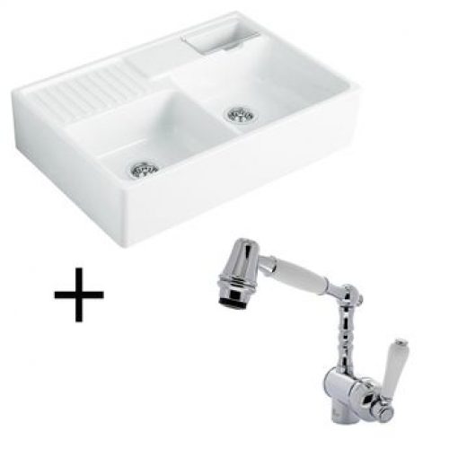 Lot Evier céramique blanc 2 bacs 1/2 Villeroy & Boch TRADITION + Mitigeur CRBMD016