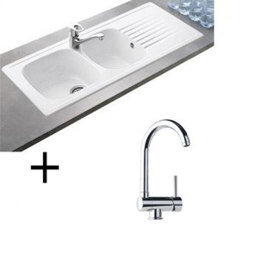 Lot Evier céramique blanc 2 bacs TARGA + Mitigeur CRBMI024