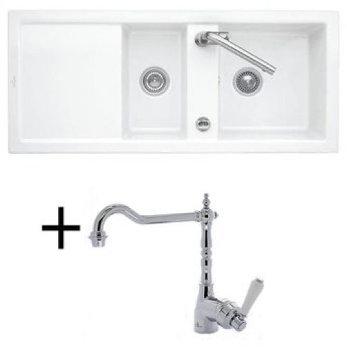 Lot Evier céramique blanc 2 bacs Villeroy & Boch SUBWAY PURE + Mitigeur CRBMI040