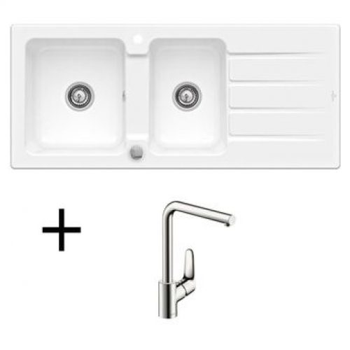 Lot Evier céramique blanc ARCHITECTURA 2 bacs + Mitigeur HANSGROHE CRBMI189