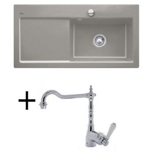 Lot Evier céramique fossil 1 grand bac égouttoir gauche SUBWAY PURE + Mitigeur CRBMI040