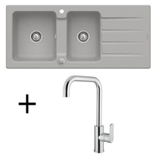 Lot Evier céramique fossil 2 bacs Villeroy & Boch ARCHITECTURA + Mitigeur CRBMI210