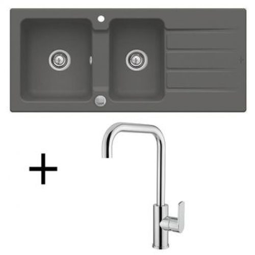 Lot Evier céramique graphite 2 bacs Villeroy & Boch ARCHITECTURA + Mitigeur CRBMI210