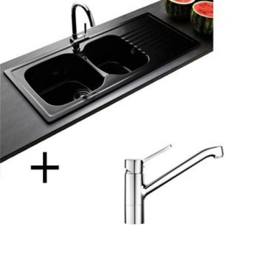 Lot Evier céramique noir 2 bacs TARGA + Mitigeur HANSA CRBMI142
