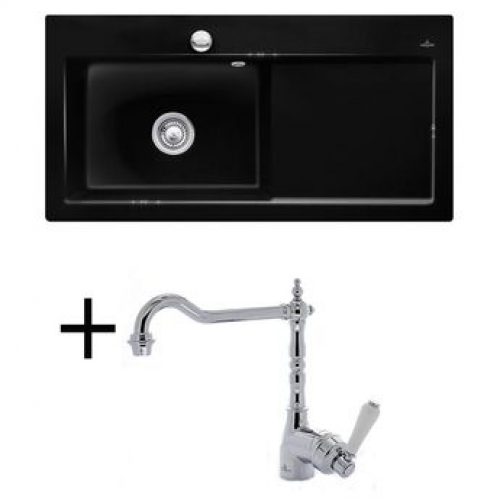 Lot Evier céramique noir brillant 1 grand bac égouttoir droite SUBWAY PURE + Mitigeur CRBMI040