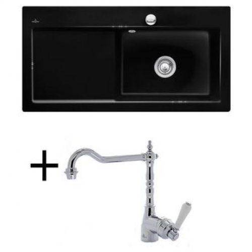 Lot Evier céramique noir brillant 1 grand bac égouttoir gauche SUBWAY PURE + Mitigeur CRBMI040