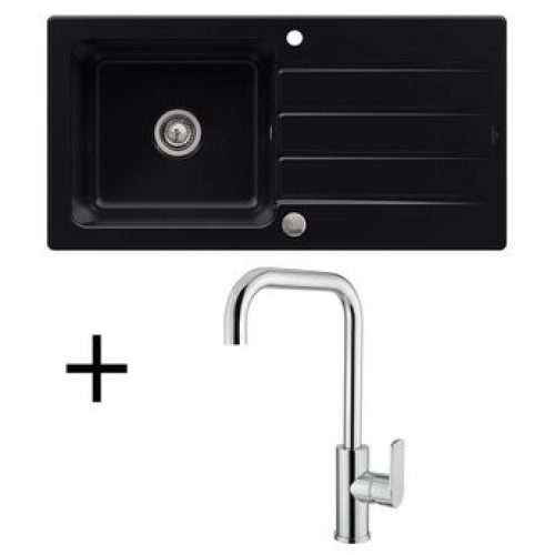 Lot Evier céramique noir brillant 1 grand bac Villeroy & Boch ARCHITECTURA + Mitigeur CRBMI210