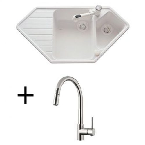 Lot Evier d´angle granit blanc 1 bac 1/2 ULYS  + Mitigeur CRBMD014