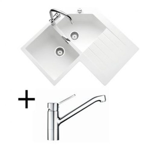 Lot Evier d´angle granit blanc 2 bacs LOKTI + Mitigeur HANSA CRBMI142