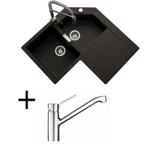Lot Evier d´angle granit noir 2 bacs LOKTI + Mitigeur HANSA CRBMI142