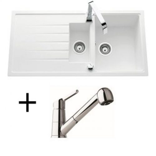 Lot Evier granit blanc 1 bac 1/2 ICAUNA + Mitigeur CRBMD027