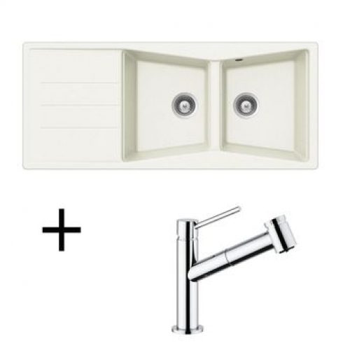 Lot Evier granit blanc 2 bacs BRUYERE + Mitigeur CRBMD063