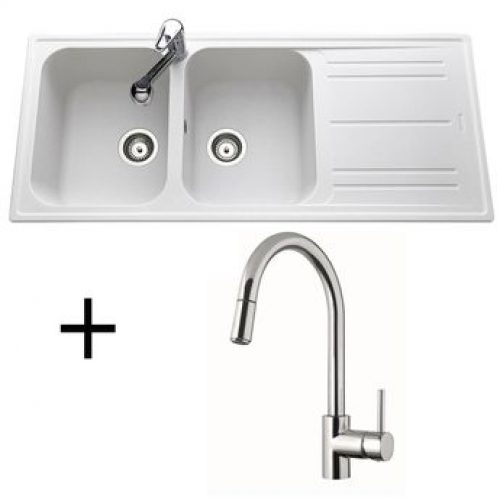 Lot Evier granit blanc 2 bacs HOLIDAY + Mitigeur CRBMD014