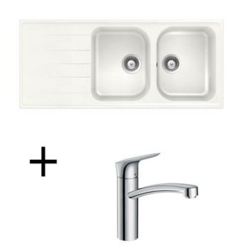 Lot Evier granit blanc SCHOCK VIOLA 2 bacs  + Mitigeur HANSGROHE CRBMI190