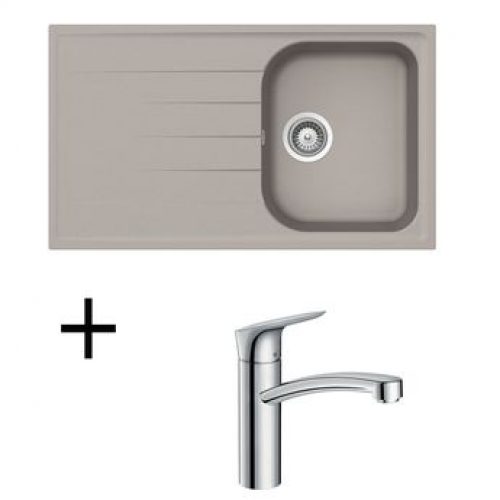 Lot Evier granit gris beton SCHOCK VIOLA 1 bac + Mitigeur HANSGROHE CRBMI190