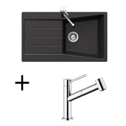 Lot Evier granit noir 1 bac BRUYERE + Mitigeur CRBMD063