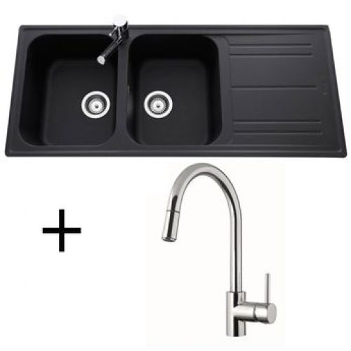 Lot Evier granit noir 2 bacs HOLIDAY + Mitigeur CRBMD014