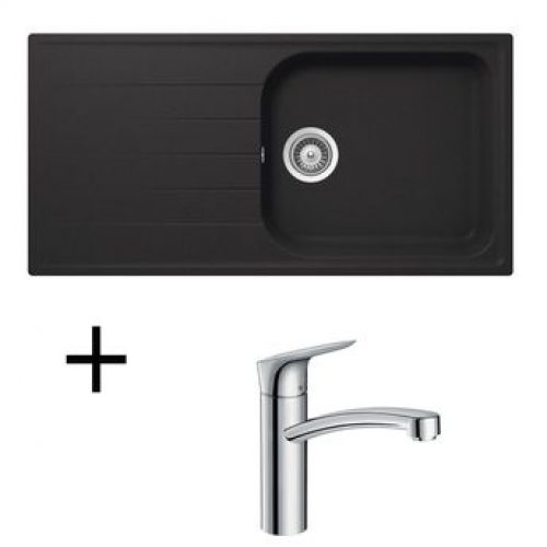 Lot Evier granit noir SCHOCK VIOLA 1 grand bac + Mitigeur HANSGROHE CRBMI190