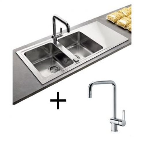 Lot Evier inox lisse 2 bacs FIGGI + Mitigeur CRBMI070