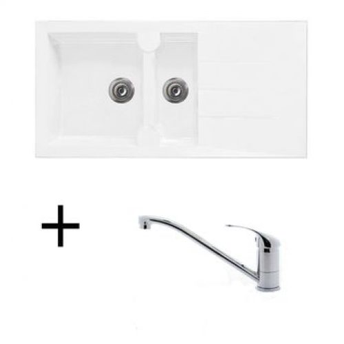 Lot Evier synthèse blanc 1 bac 1/2 TUNIA + Mitigeur CRBMI039