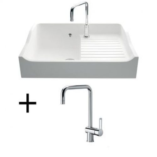 Lot Evier synthèse blanc 1 bac JINK + Mitigeur CRBMI070