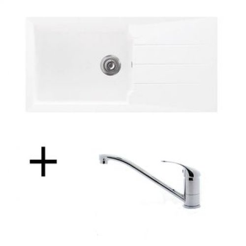 Lot Evier synthèse blanc 1 grand bac TUNIA + Mitigeur CRBMI039