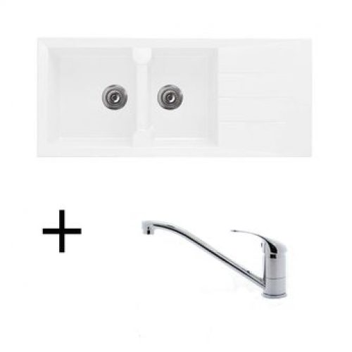 Lot Evier synthèse blanc 2 bacs TUNIA + Mitigeur CRBMI039