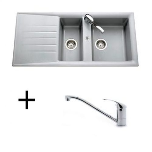 Lot Evier synthèse gris alu 1 bac 1/2 EMERAUDE + Mitigeur CRBMI039