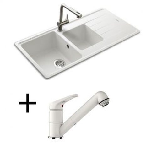 Lot SCHOCK Evier granit blanc 2 bacs ELEMENT + Mitigeur CRBMD228