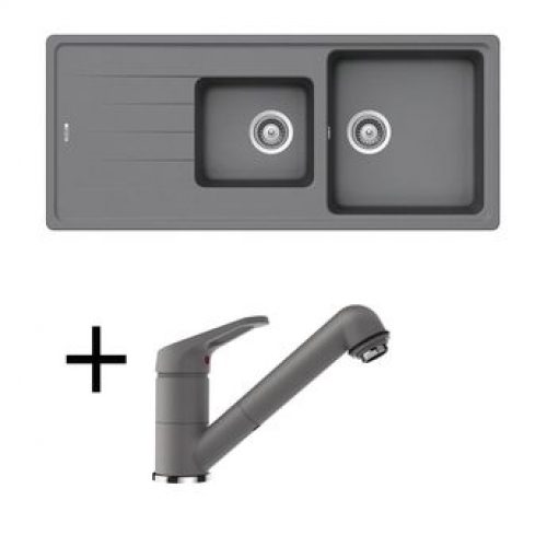 Lot SCHOCK Evier granit gris 2 bacs ELEMENT + Mitigeur CRBMD229