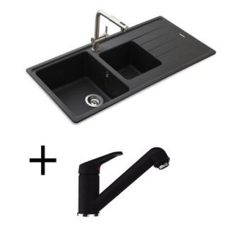 Lot SCHOCK Evier granit noir 2 bacs ELEMENT + Mitigeur CRBMD227