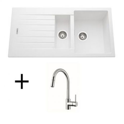 Lot évier granit blanc 1 bac 1/2 ALBEY + Mitigeur CRBMD014