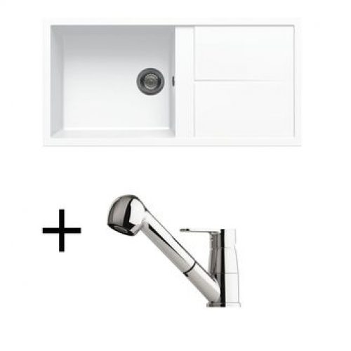 Lot évier granit blanc 1 grand bac UNICO + Mitigeur CRBMD025