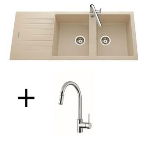 Lot évier granit champagne 2 bacs ALBEY + Mitigeur CRBMD014